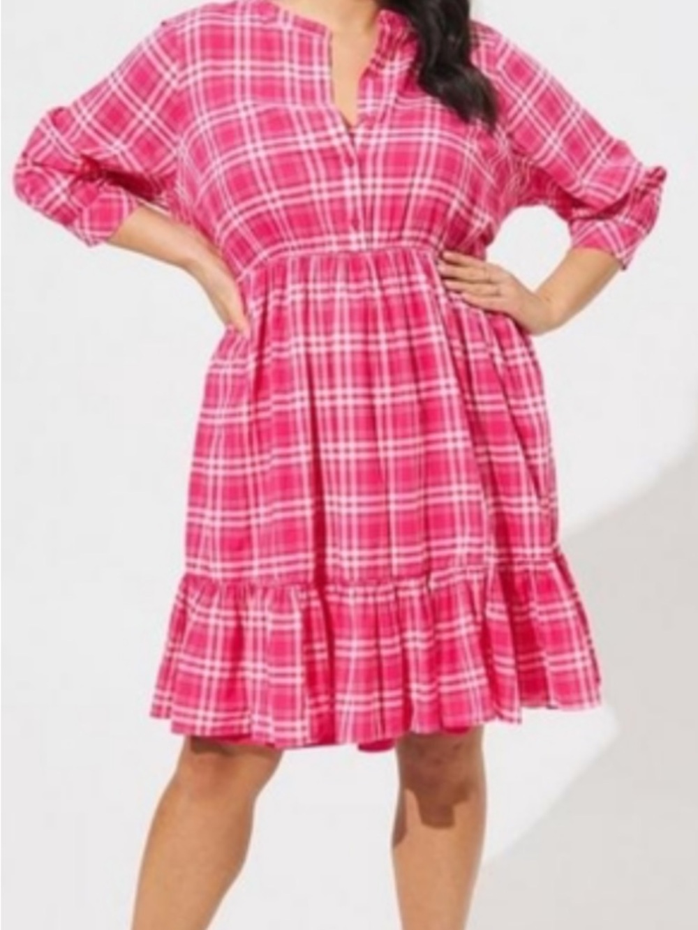 Torrid Pink Plaid Tiered Button-Front Collared Dress 3/4 Sleeves Cottagecore 3X